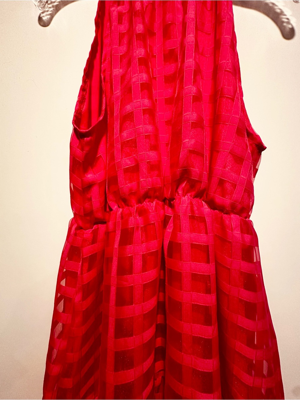 Windowpane Chiffon Halter Maxi Dress in Fuchsia Pink - Women’s L - Picture 4 of 16